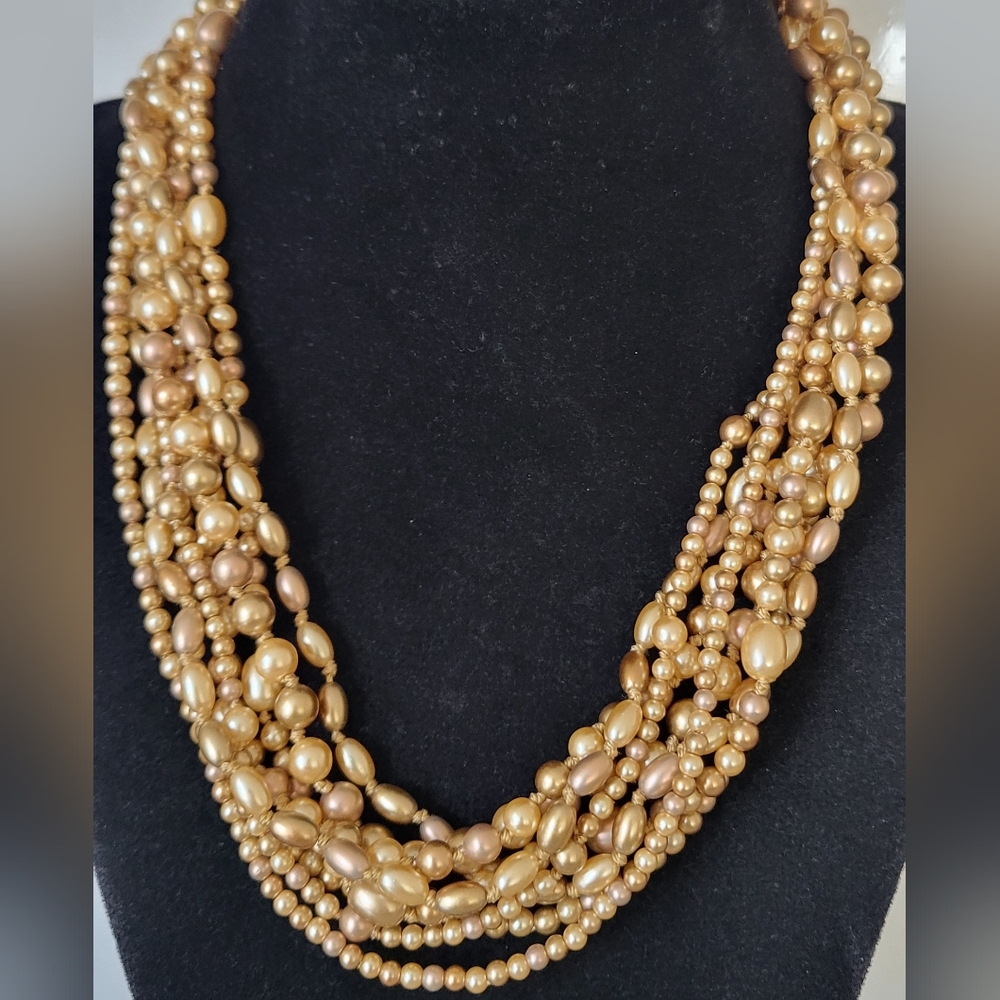 Vintage Monet  Goldtone Multi Strand Hand Knotted Pearls Necklace